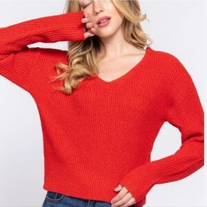 Nwt H&M Red DOLMAN SLEEVE Semi- Cropped V-neck Sweater S